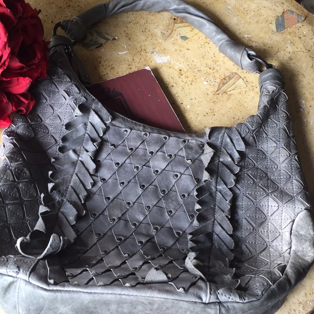 Gray Braided-Trim Leather Shoulder Bag